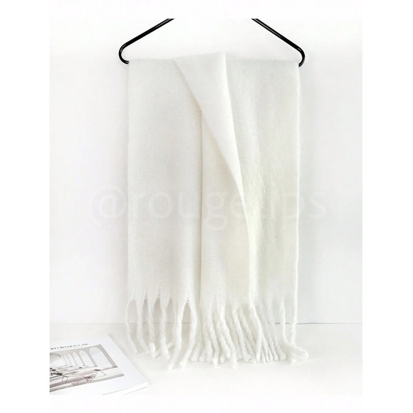 White Wide Shawl Scarf With Tassels Fuzzy Knit - Picture 13 of 17